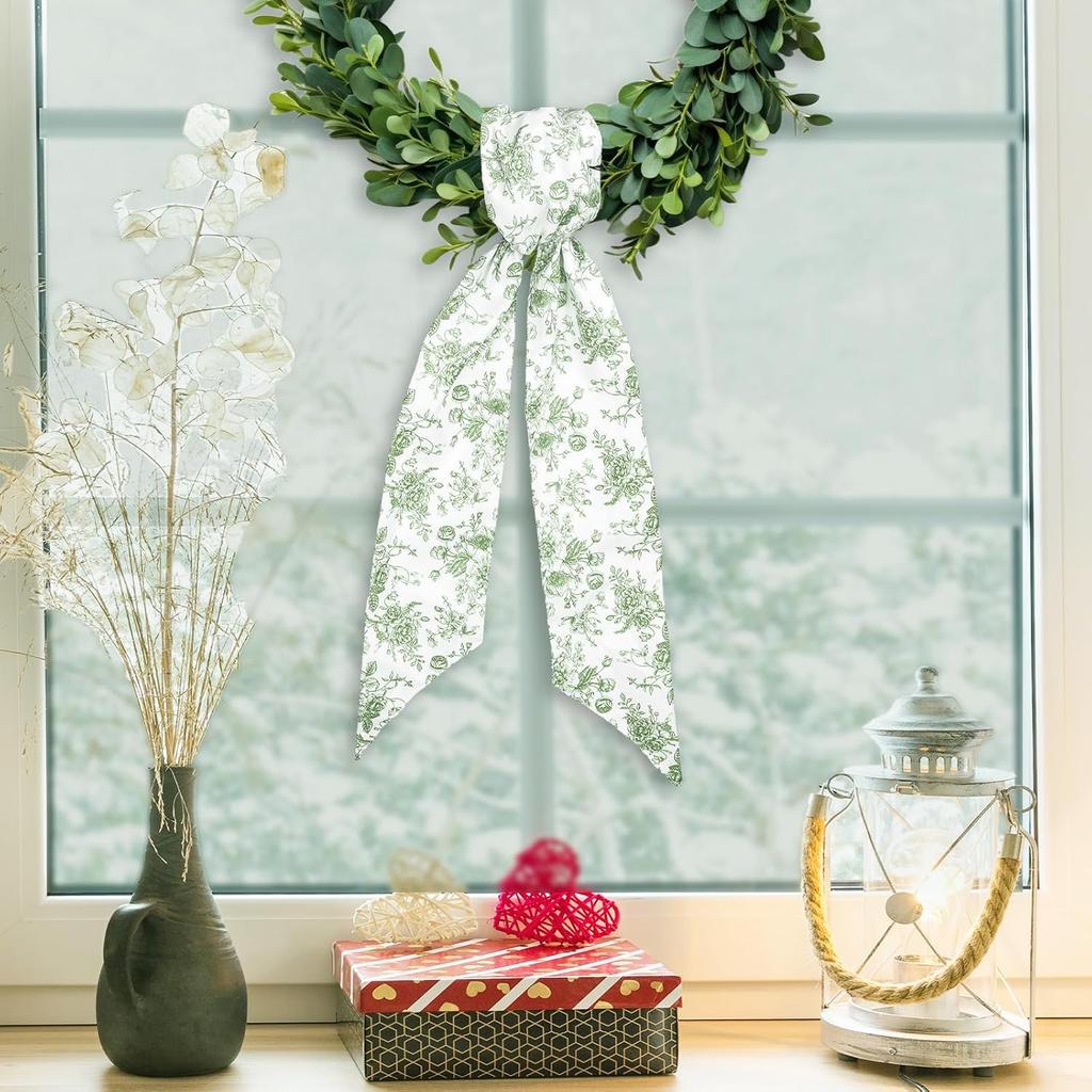 Whaline 2Pcs Green Flower Wreath Sash for Front Door Chinoiserie Floral Garland Ribbon for Holiday Party Home Decor Indoor Outdoor