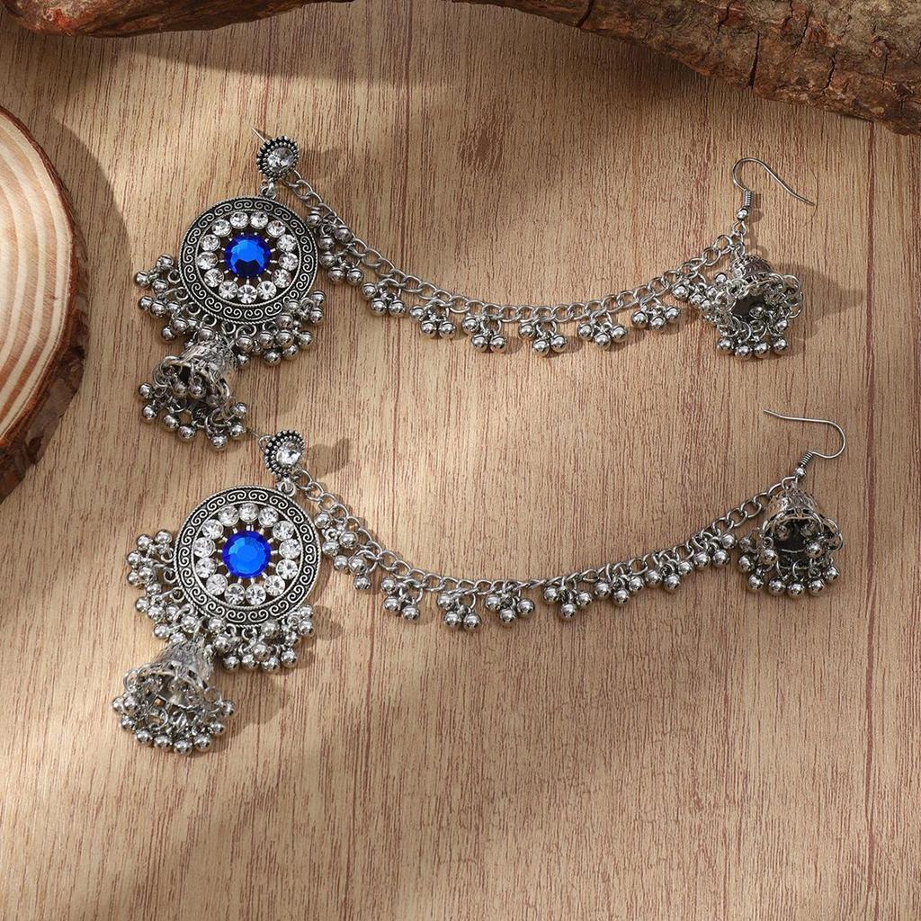Vintage Ethnic Tassel Earrings Women Rhinestone Long Chain Drop Earrings Bohemian Indian Gypsy Antique Gold Palace Style Dangle Earrings