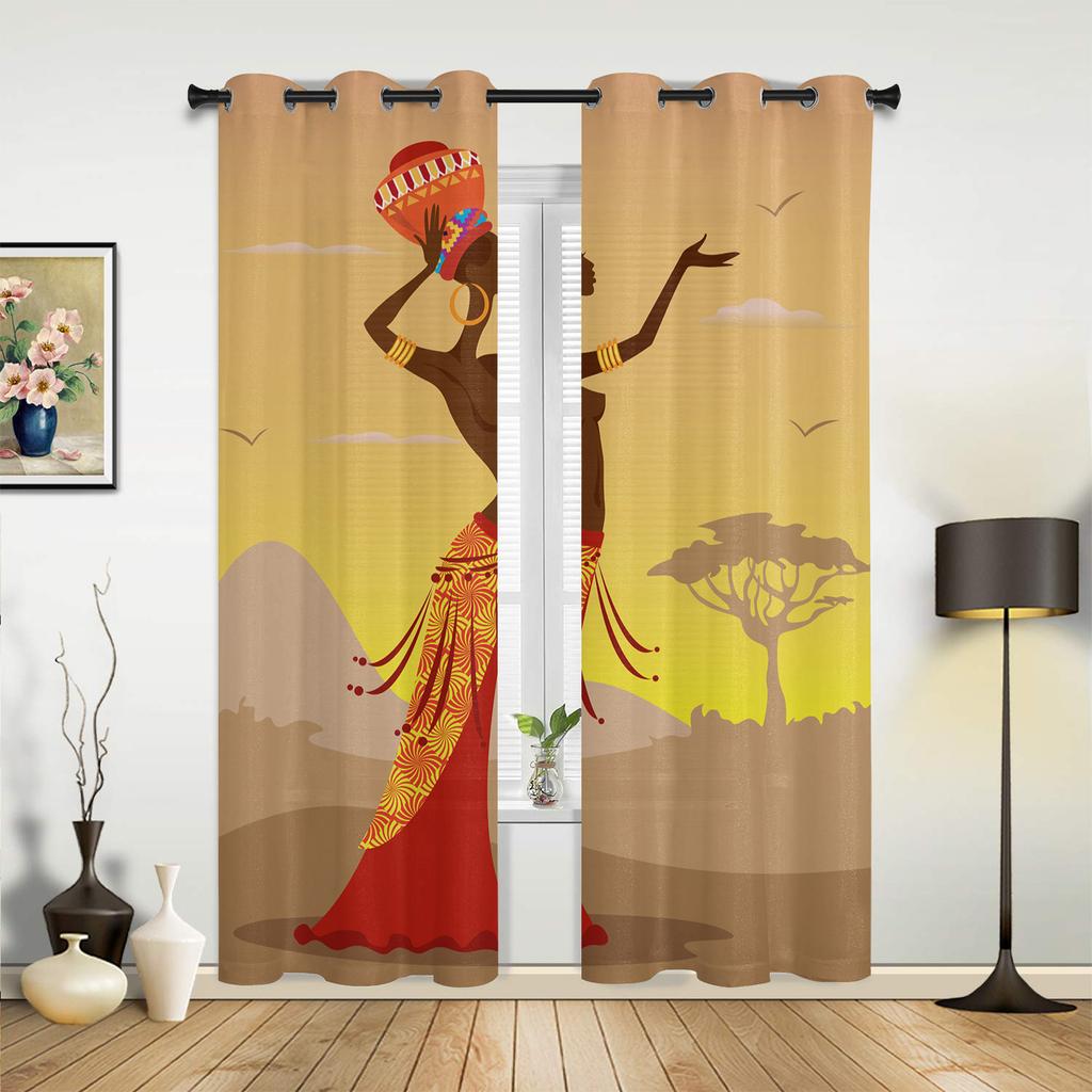 African Woman Yoga Vase Silhouette White Curtains for Bedroom Living Room Drapes Kitchen Children Window Curtain Home Decor
