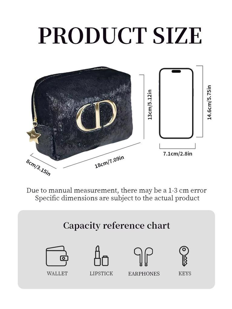 Dior Black Cosmetic Bag with Gold Logo, Portable Travel Makeup Organizer