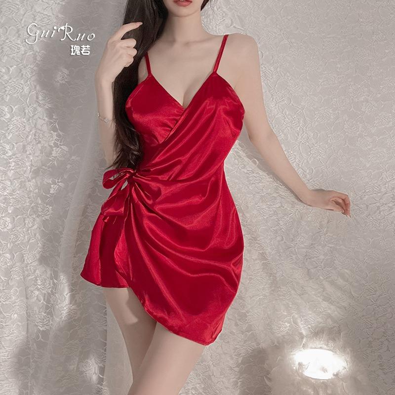 Sexy deep V-fold side strap open placket hip wrap solid color ice silk women's suspender home nightdress