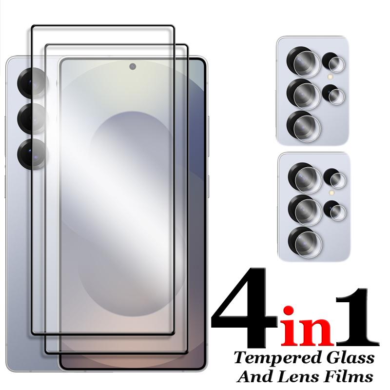 6in1 Slim Soft Fiber Lens Cap + 9H Tempered Glass Flim For Samsung S26 Ultra S26 S25 FE Edge S24 S23 S22 S21 Plus Protector Flim