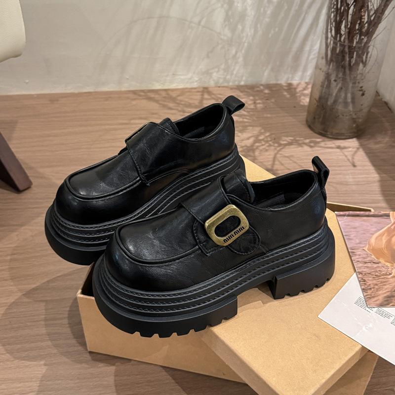 Platform Thick Heel British Style Small Leather Shoes Women's 2025 New French Retro Versatile Height-increasing Velcro Loafers