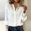 Women Long Sleeve Lace Patchwork Shirt Elegant V Neck Button Down Blouse Casual Loose Fit Mesh Panel Top for Office Daily Wear