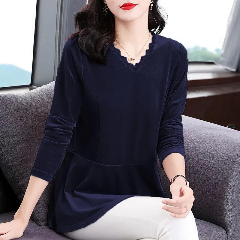 Tops Women's Autumn and Winter Warm Comfortable V-Neck Shirt Long Sleeve T-shirt Loose Casual Pullover Top