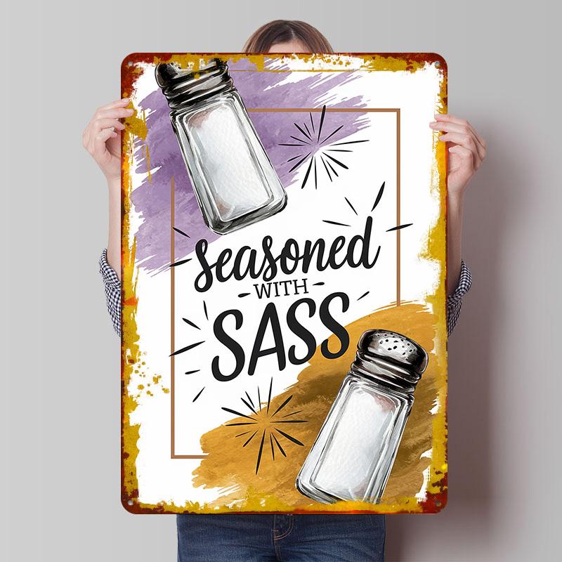 

Seasoned With Sass Salt Shaker Art Tin Plaque Poster Customized Wall Art Retro Vintage Metal Signs for Man Cave Home Decor Items 7.9x11.8In(20x30cm)