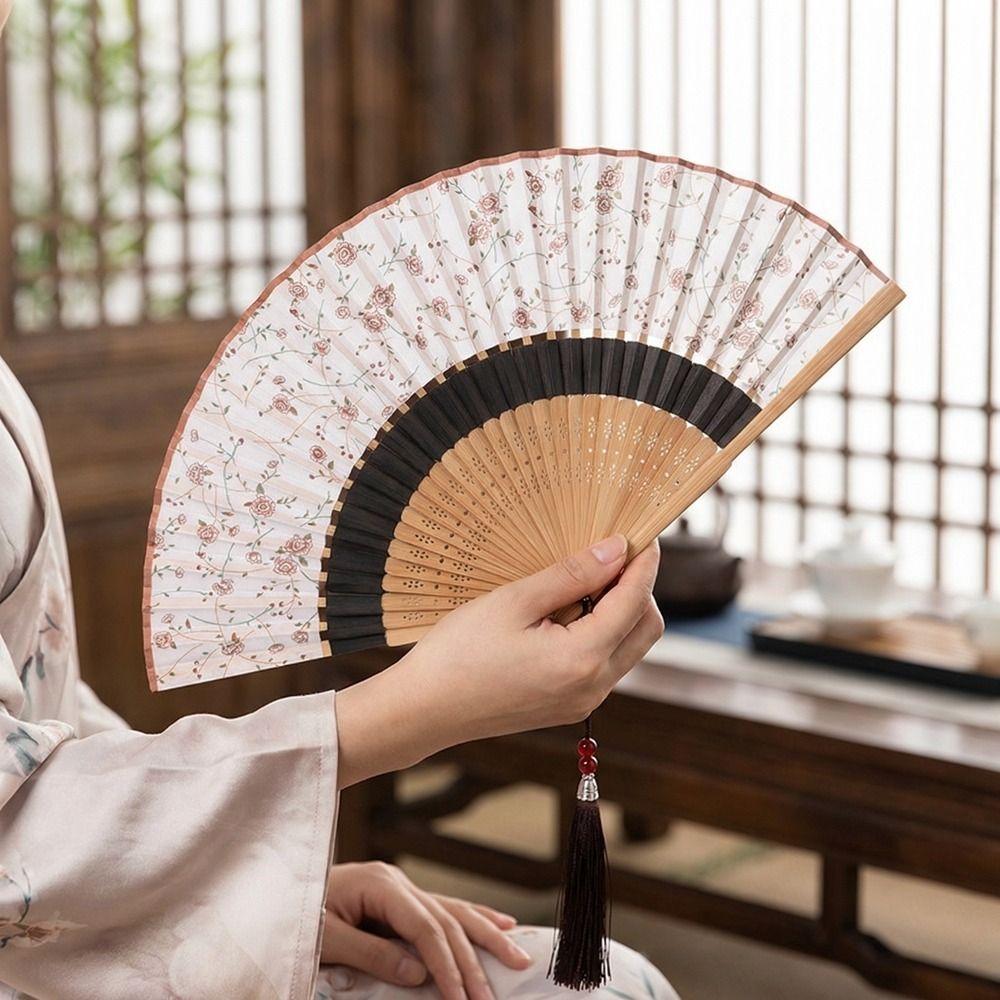 Costume Accessory Portable Folding Fan Classical Vintage Chinese Style Fan Decorative with Tassel Handheld Fan Women Use