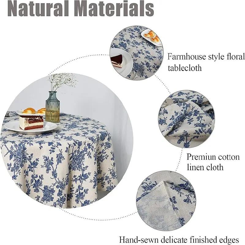 Vintage Round Tablecloth Blue Floral Farmhouse Washable Table Cover for Dining Picnic Indoor Outdoor Kitchen Tabletop Decoration