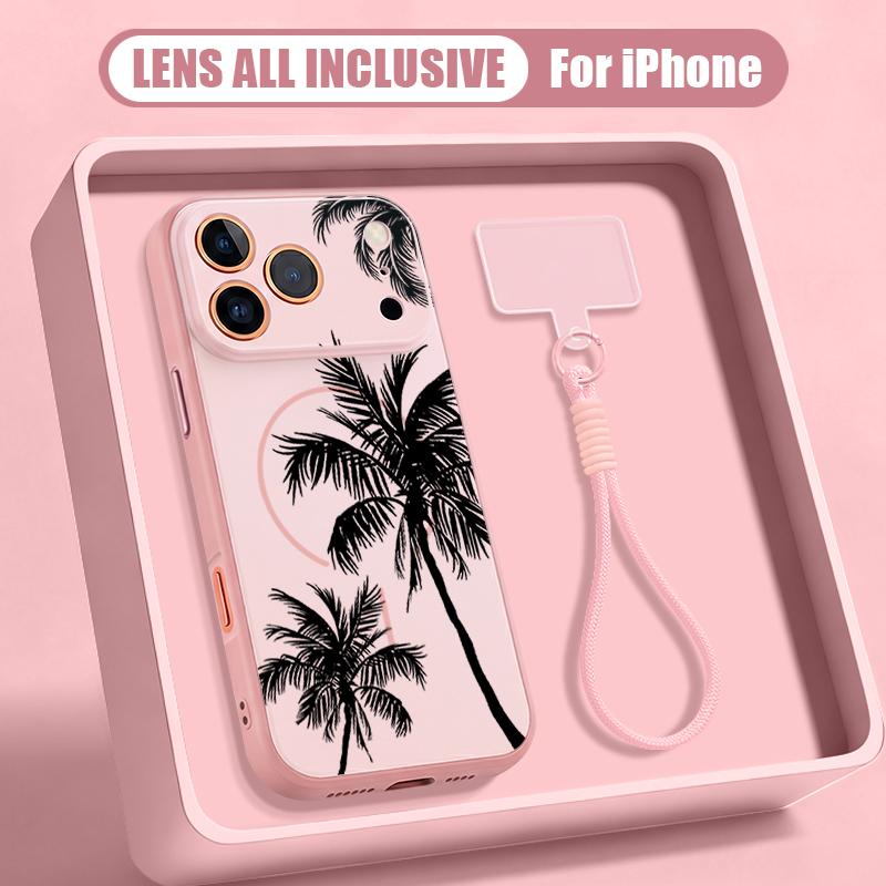 Creative Coconut Sunset Pattern Hand Strap Case For iPhone 17 Pro Max iPhone 16 15 14 13 Pro Max Magnetic For Magsafe Hybrid TPU+PC Matte Cover