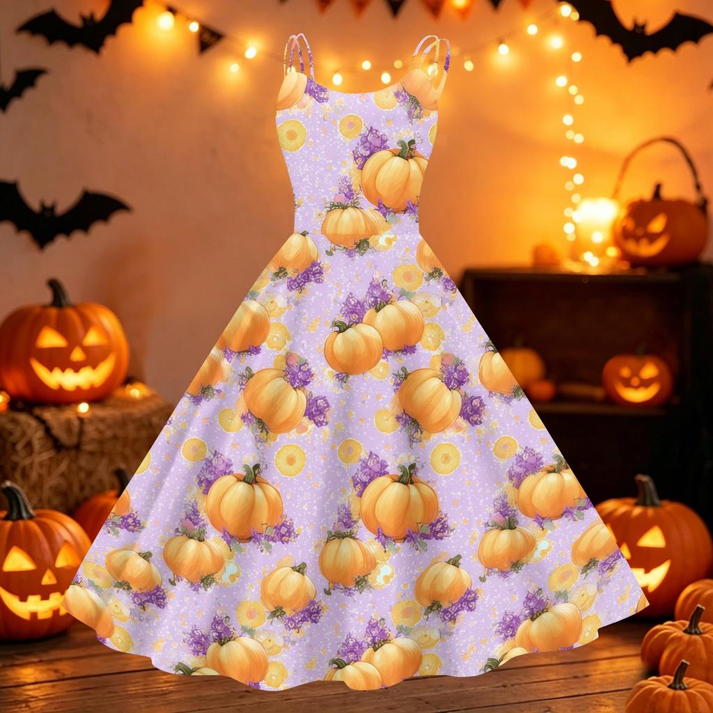 Women's Vintage Punk Off Shoulder Dress Halloween Print Sleeveless Spaghetti Strap Swing Dress Retro Gothic Style Dress