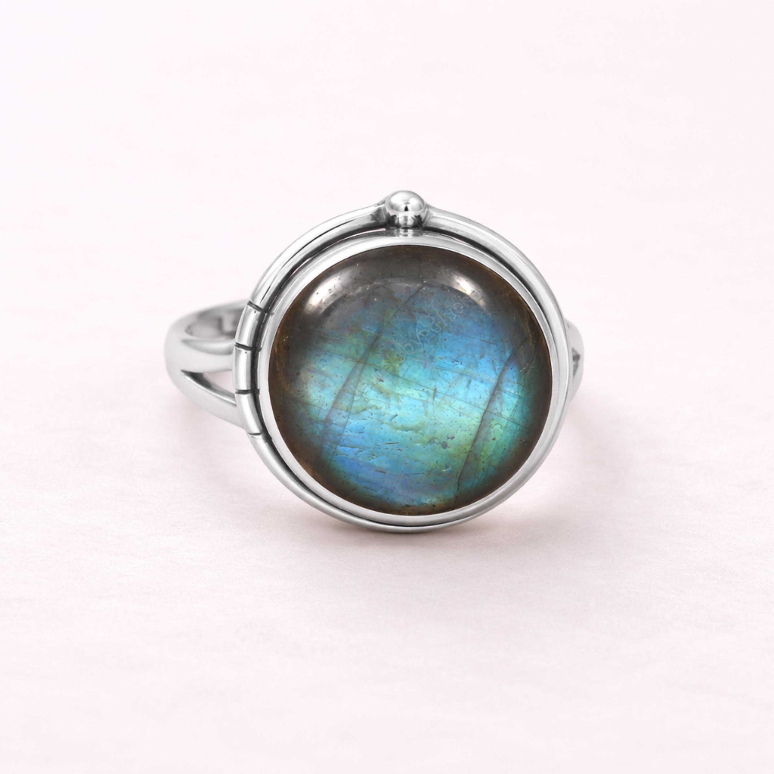 Blue Labradorite Round Gemstone Ring, 925 Sterling Silver Jewelry, Minimalist Blue Flash Gemstone Ring 4 серебряный