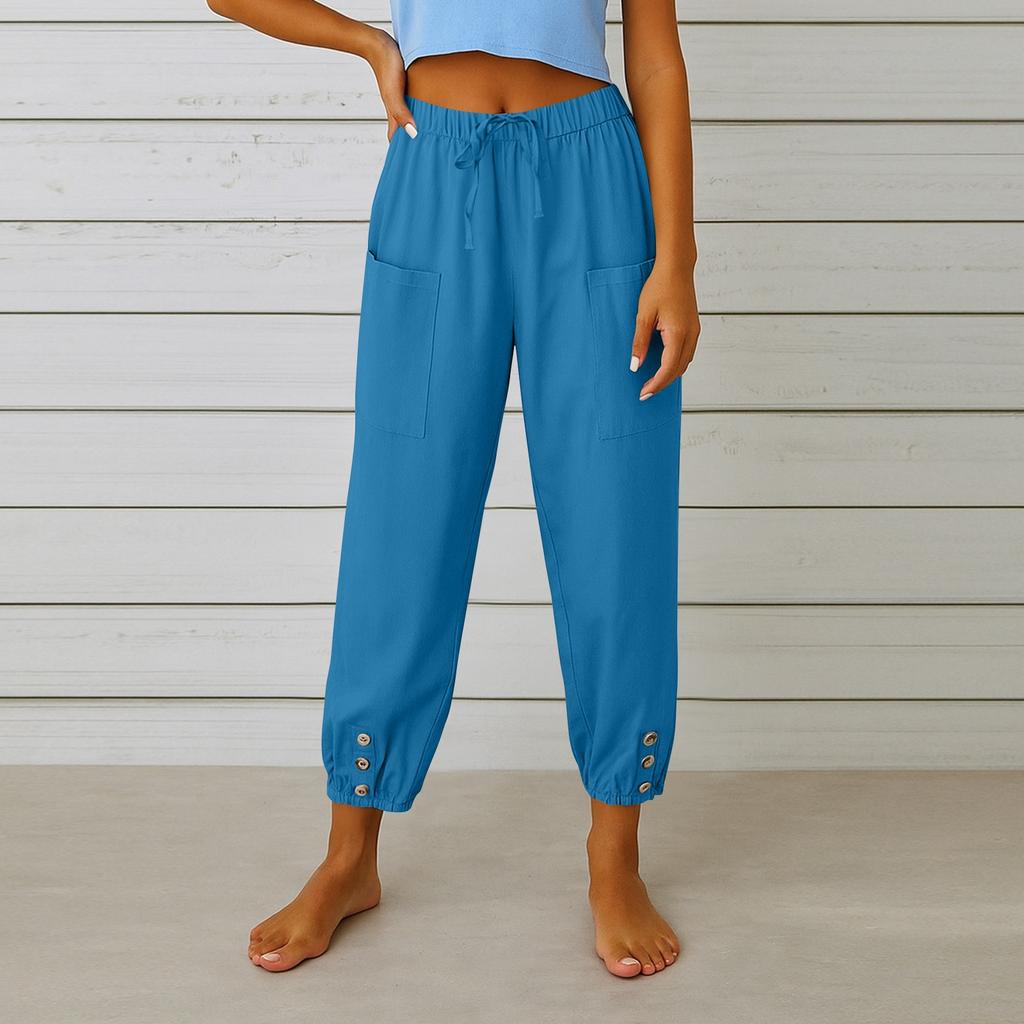 Women's Fashion Solid Color Hemp Cotton Pocket Leg Tight Waist Casual Pants