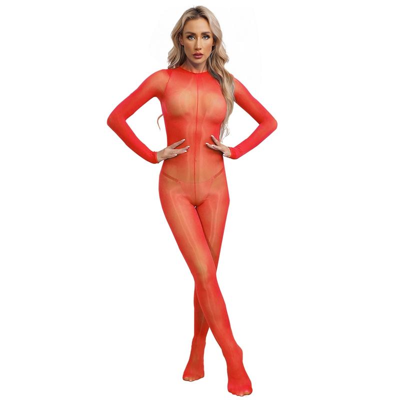 Womens Glossy Unitard See-through Stretchy Bodystocking Long Sleeve Bodysuit Valentines Day Nightwear