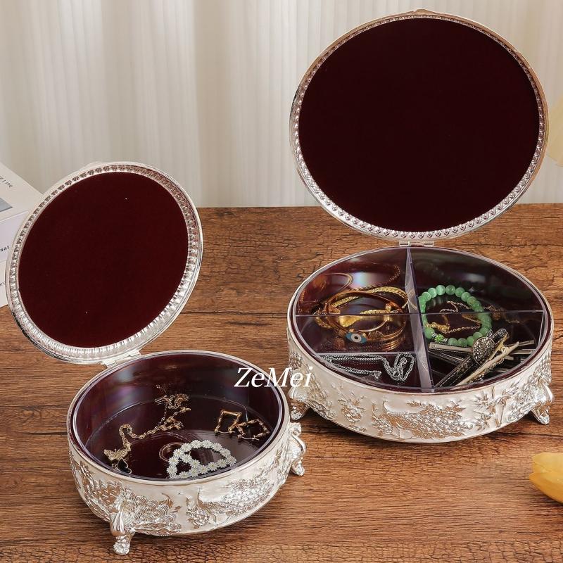 Europäischer Stil Legierung Schmuck Pfau Silber Aufbewahrungsbox, Ohrring Kreis Organizer Glas Süßigkeitenbehälter Schminktisch Dekoration