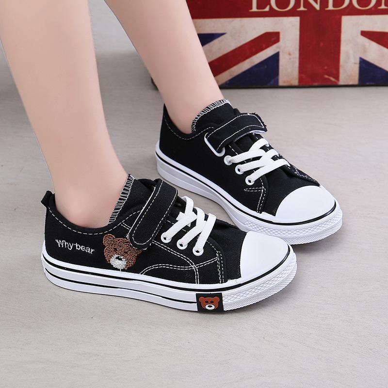 Children's Shoes2026Children's bear canvas shoes, fashionable student white shoes, boys' and girls' Velcro sneakers
