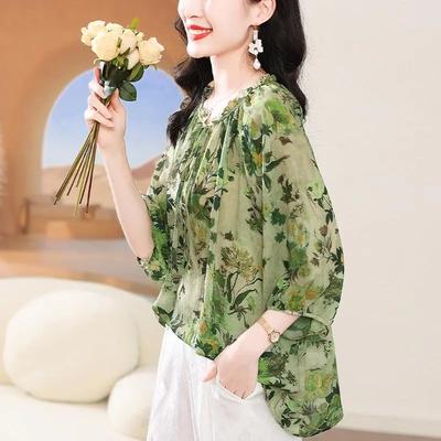 Women's Summer Floral Ageing Chiffon Shirt Loose Thin Casual Temperament Tops