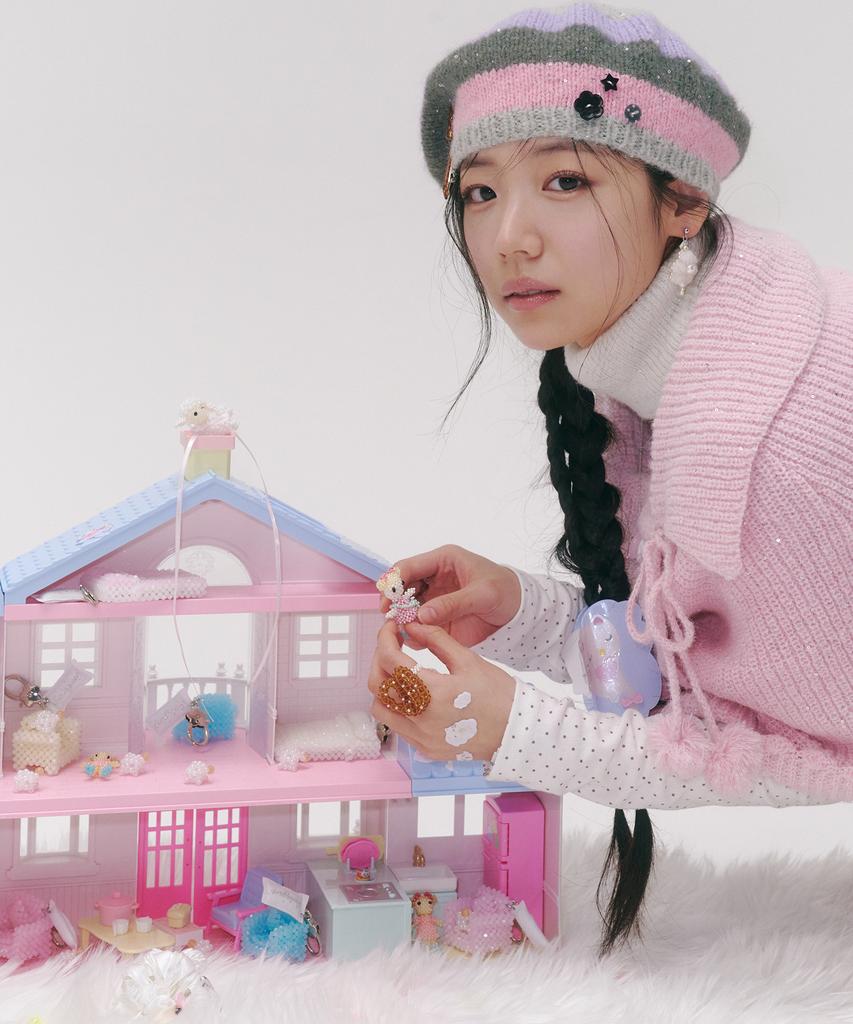 Seuwingses Striped Button Knit Beret (Purple)