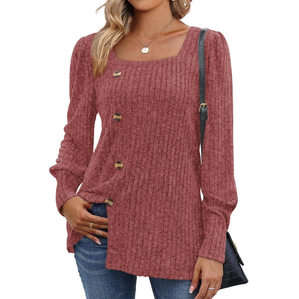 

GMXIA Осенне-зимняя футболка женская с квадратным вырезом, длинным рукавом и однотонной расцветкой XL красный