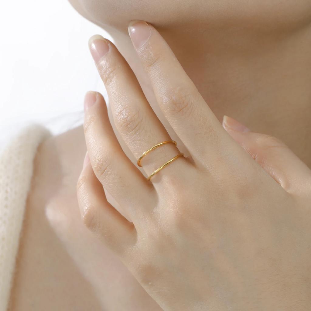 Teamer Stainless Steel Double Layer Open Rings Women Minimalist Adjustable Finger Ring Geometric Jewelry Birthday Gift Wholesale
