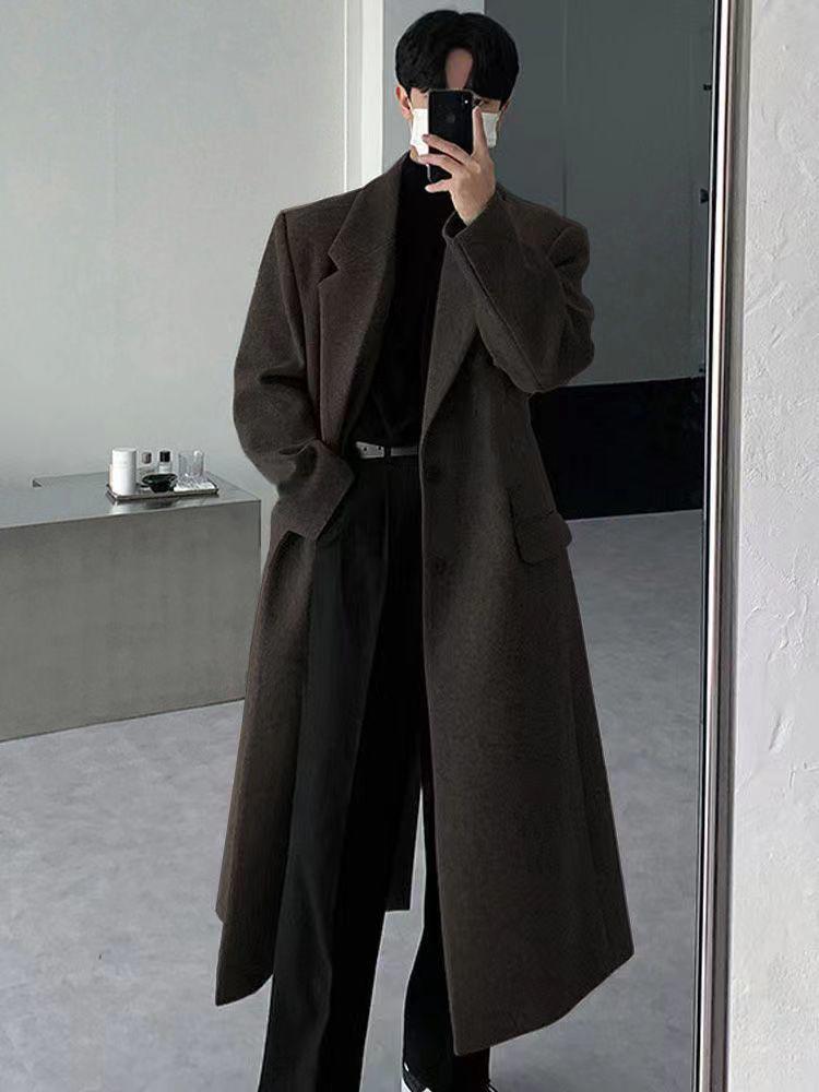 Men's Black Mid-Length Woolen Trench Coat – Autumn/Winter Loose Fit, Thickened Korean Style.