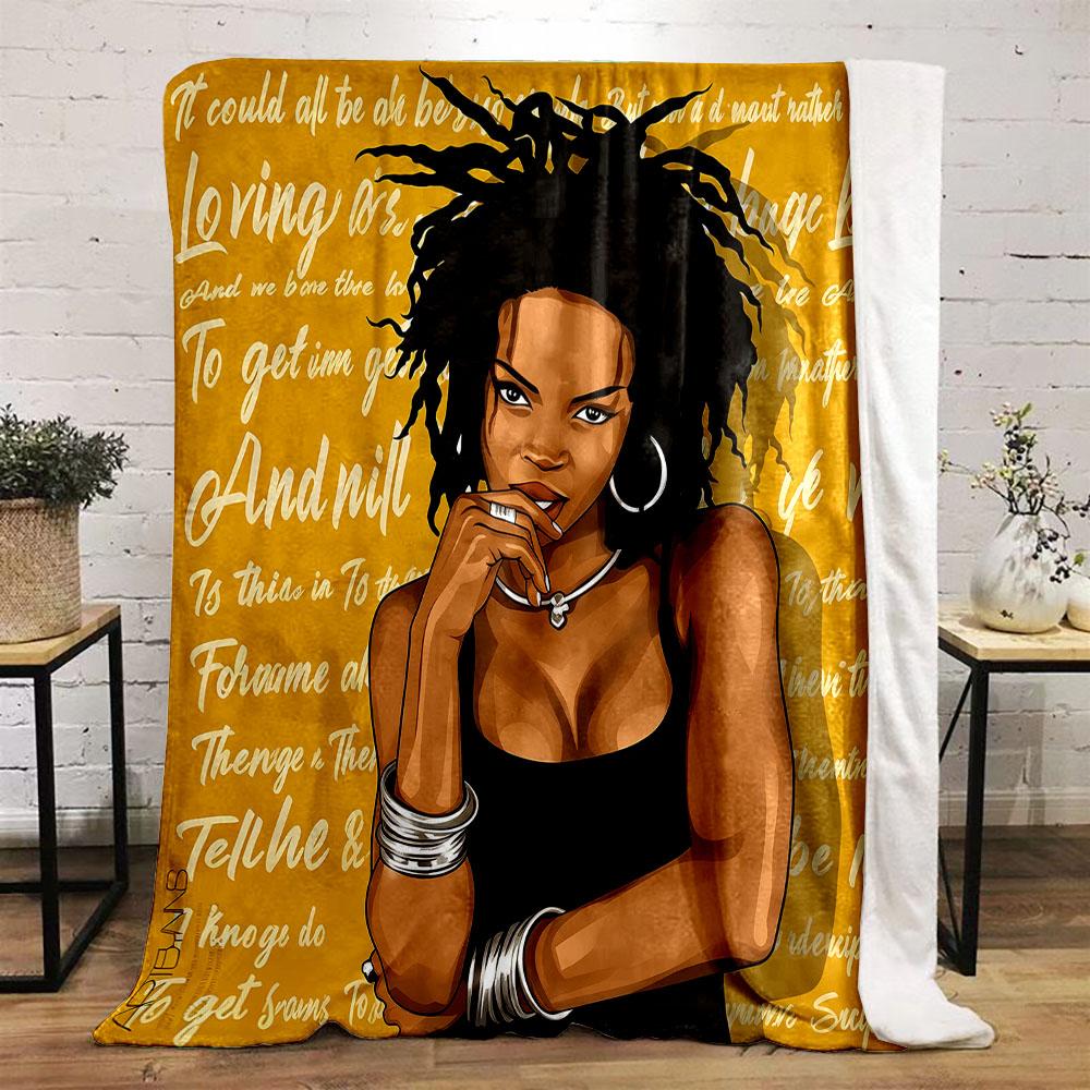 Bold Woman with Dreadlocks on Yellow Background Patterned flannel blanket perfect for the bedroom living room, sofa, or a little nap