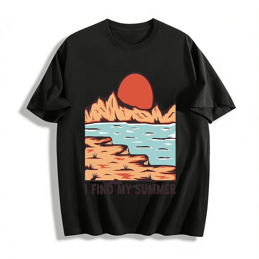 I Find My Summer Sunset Mountain Graphic Casual Summer Tee Pure cotton T-shirt XXS
