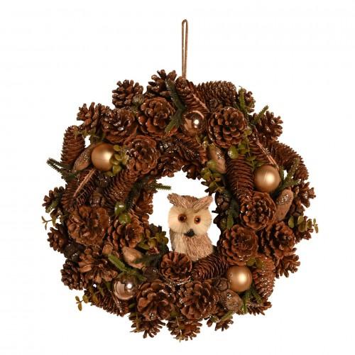 Gold Glitter Pinecone Wreath with Owl 38cm