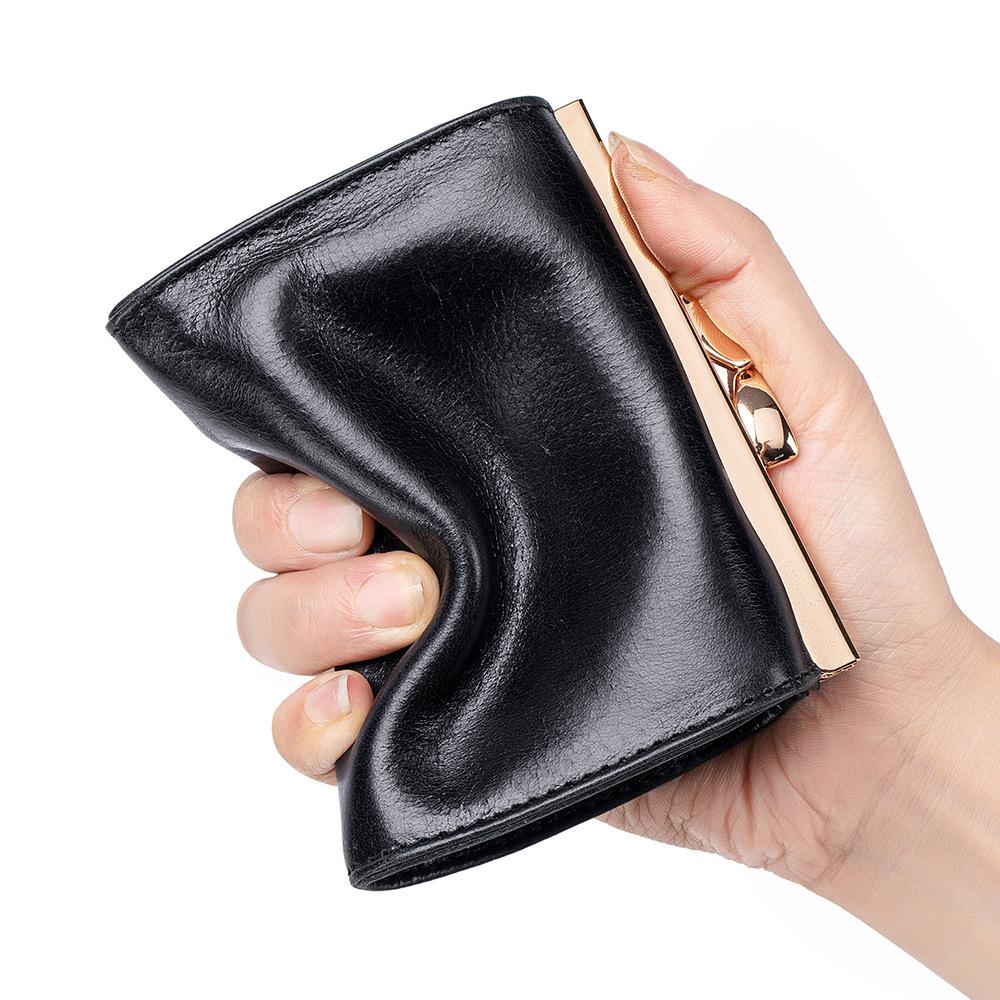 New first layer oil wax cowhide retro clip buckle change bag women's ID card clip business card bag multi-card card bag