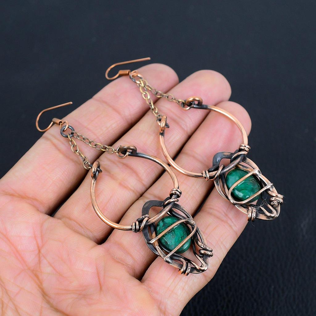 Emerald 999 Copper Wire Wrapped Earrings, Handmade Gemstone Earrings Jewelry, Gifts For Wife Brand New Earrings
