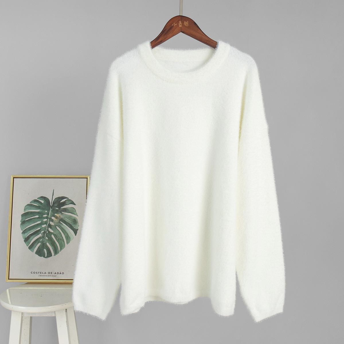 

Fall Winter New Casual Loose Solid Color Simple Crewneck Pullover Sweater Knit Top for Women European American Style Crossborder S белый