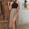 Estación Independiente de Amazon Transfronterizo Nuevo Verano Europeo y Americano Ropa para Mujer Vestido con Estampado de Leopardo Cuello Irregularmente Dividido