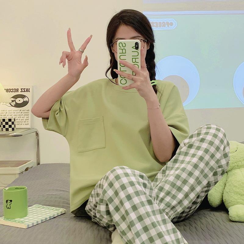 

New high-end pajamas women s summer short-sleeved trousers cotton thousand bird grid suit Korean version of student women s loungewear Female m