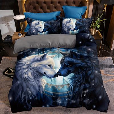 Wolf Pattern Duvet Cover Set-Animal Print Breathable All-Season Zipper Closure Woven Sanded Polyester Fabric Digital Printing