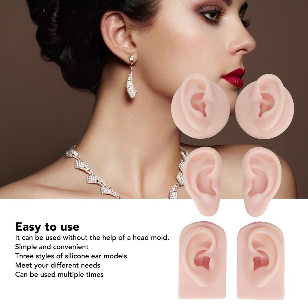3 Pairs Silicone Ear Model Soft Flexible Simulation Human Ear Model for Piercing Practice Jewelry Display