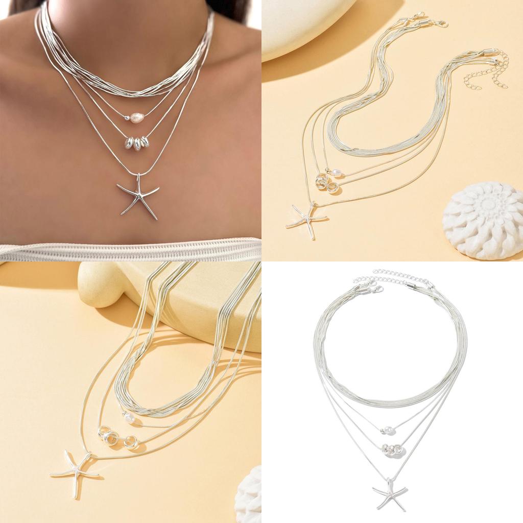 Starfish Multilayer Necklace Alloy Geometric Pendant For Women Summer Fashion