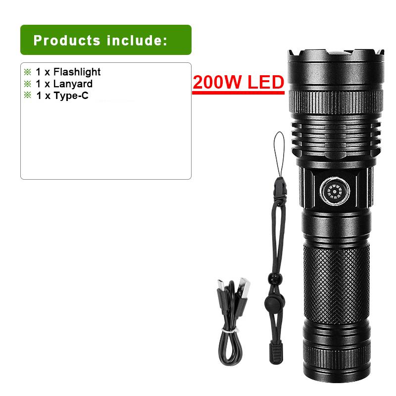 Powerful 200W LED Flashlight Super Bright Torch High Lumen 100000LM Spotlight Rechargeable Lamp Self-protection Lantern