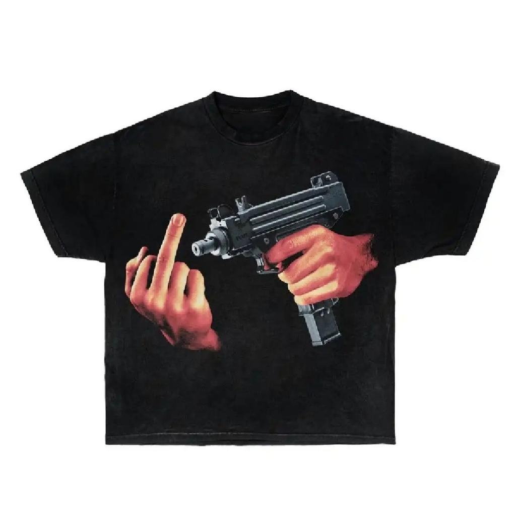 American Harajuku Realistic Style UZI Submachine Gun Printed Short-sleeved Women's Spring New Street Y2K Trendy Funny T-shirt