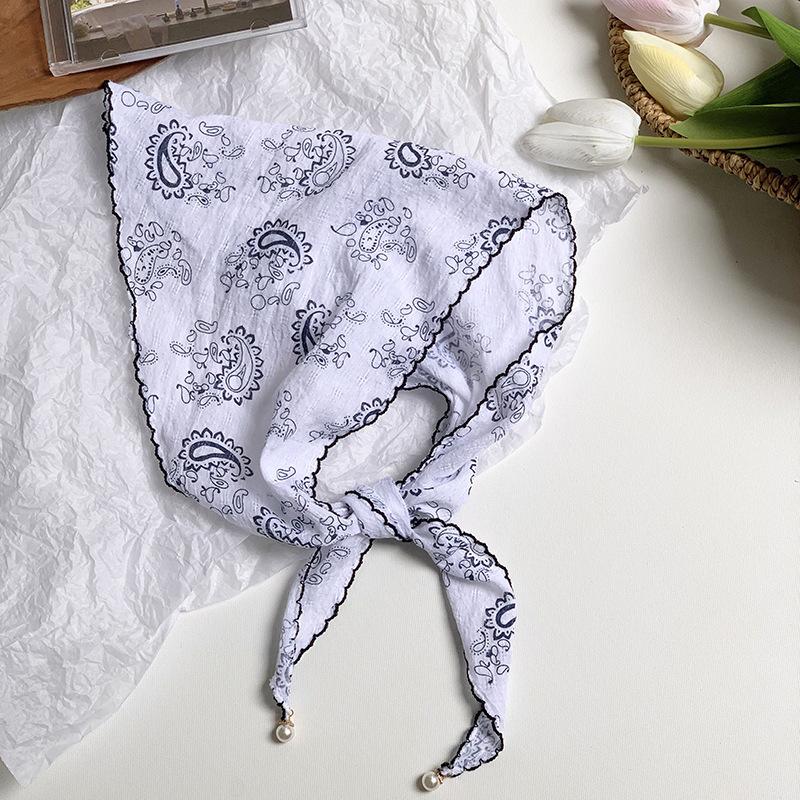 Triangle Scarf Scarf Female Retro Literary Floral Cotton and Linen Neck Protector Decorative Pearl Small Pendant Small Scarf Headband