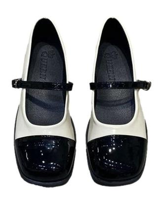 [1/2plus] Nibun No Ichi Plus Shoes, Strap Pumps, Combination Flats, Two-Tone, Round Toe, Mary Jane, Women's (White, 23.0 Cm)