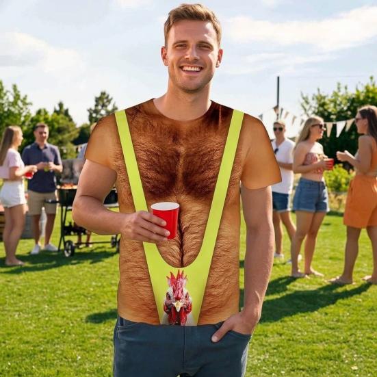 Chest Hair Toupee T-Shirt, Men Funny Muscle Shirt with False Chest Hair, Six Pack Ugly Muscle Tee, Loose Fit Shirt for Bachelor Party Carnivals