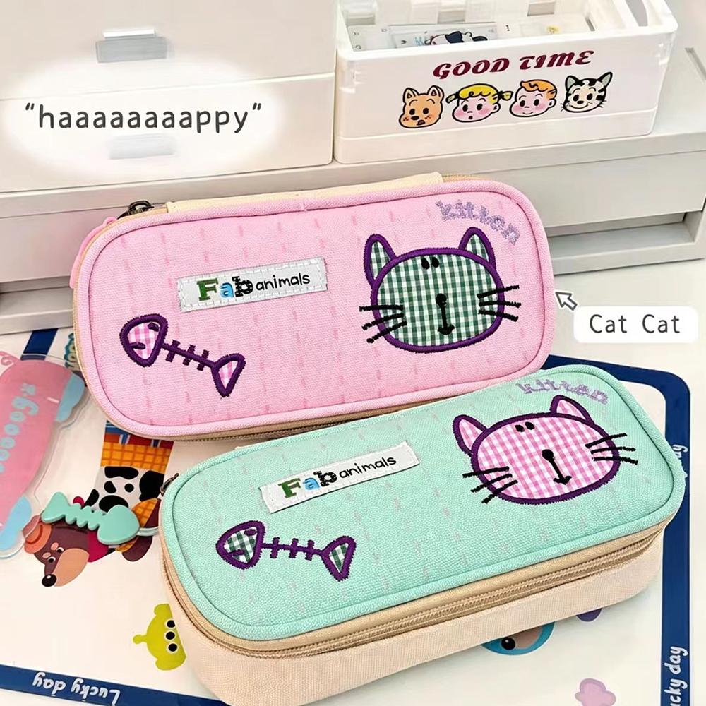 Cartoon Phoebe Cat Pen Case, Ins High Beauty Embroidered Stationery Box, Student Large Capacity Neutral Pen Set Storage Bag