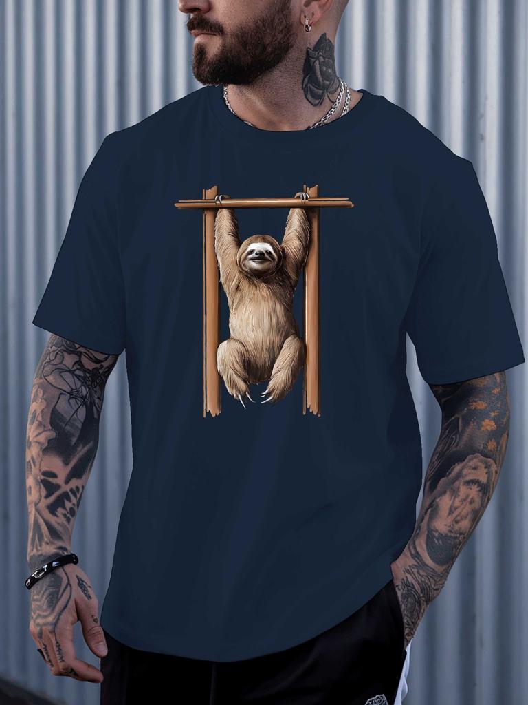 Unisexs Crew Neck Cotton T Shirt Hanging Sloth Wooden Frame Print Short Sleeve Lovely Animal Casual Street Fashion Daily Top