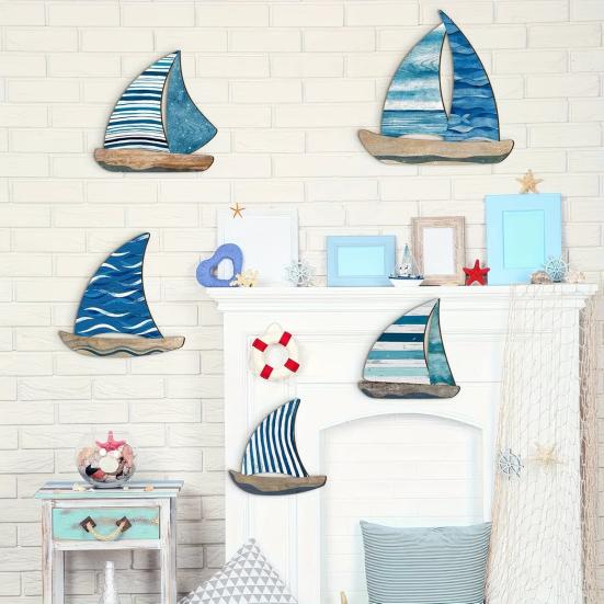 Wood Nautical Wall Decor Vintage Sailboat/Fish Wall Art Coastal Theme Wall Sculpture for Home Lake House Ocean Bathroom Decor