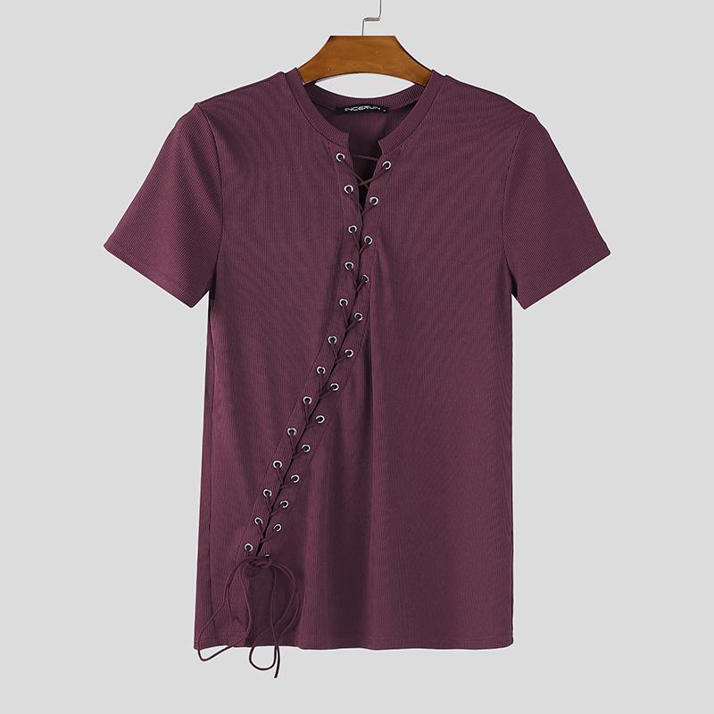 

INCERUN Мужские футболки с коротким рукавом, шнуровкой по бокам, бандажным дизайном, повседневные, приталенные, в рубчик XL фиолетовый