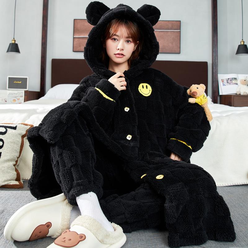 Women's Thickened Flannel Pajama Set - Coral Fleece Long Robe for Autumn/Winter