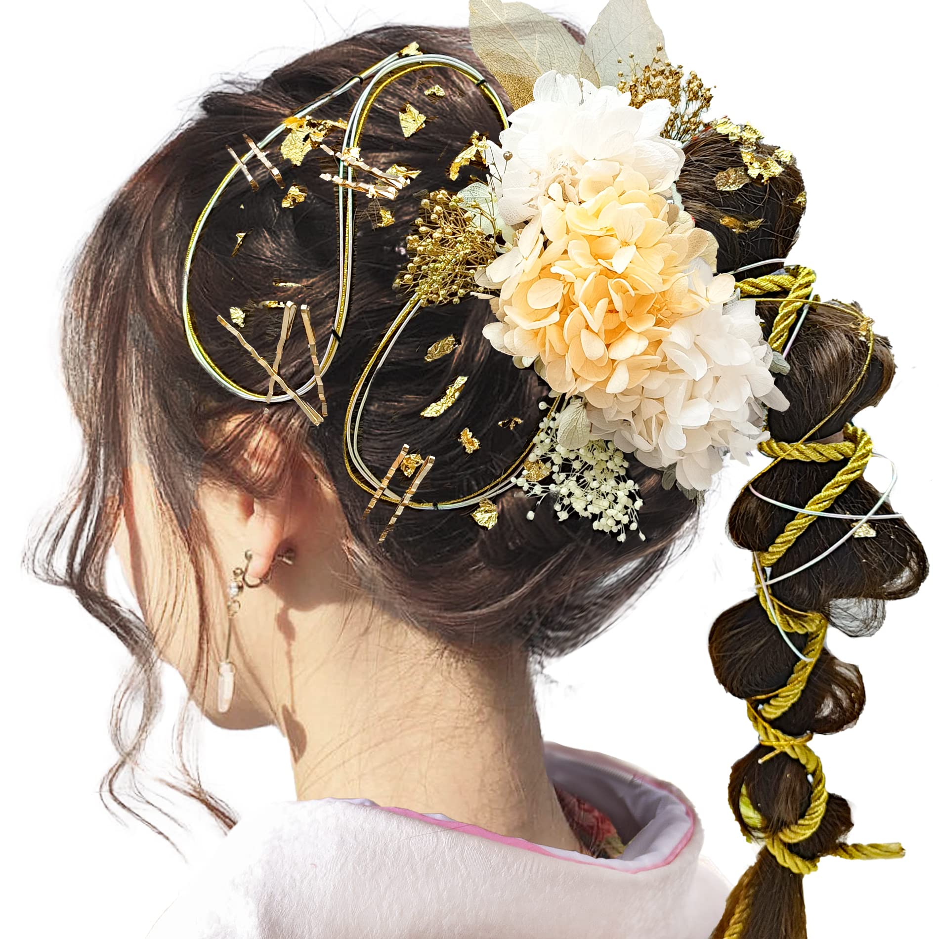 

[JZOON] Hair Ornament for Coming-of-Age Ceremony, Dried Flowers, Mizuhiki (decorative cord), Gold Leaf, Silver Leaf, Baby s Breath, Braided Cord,
