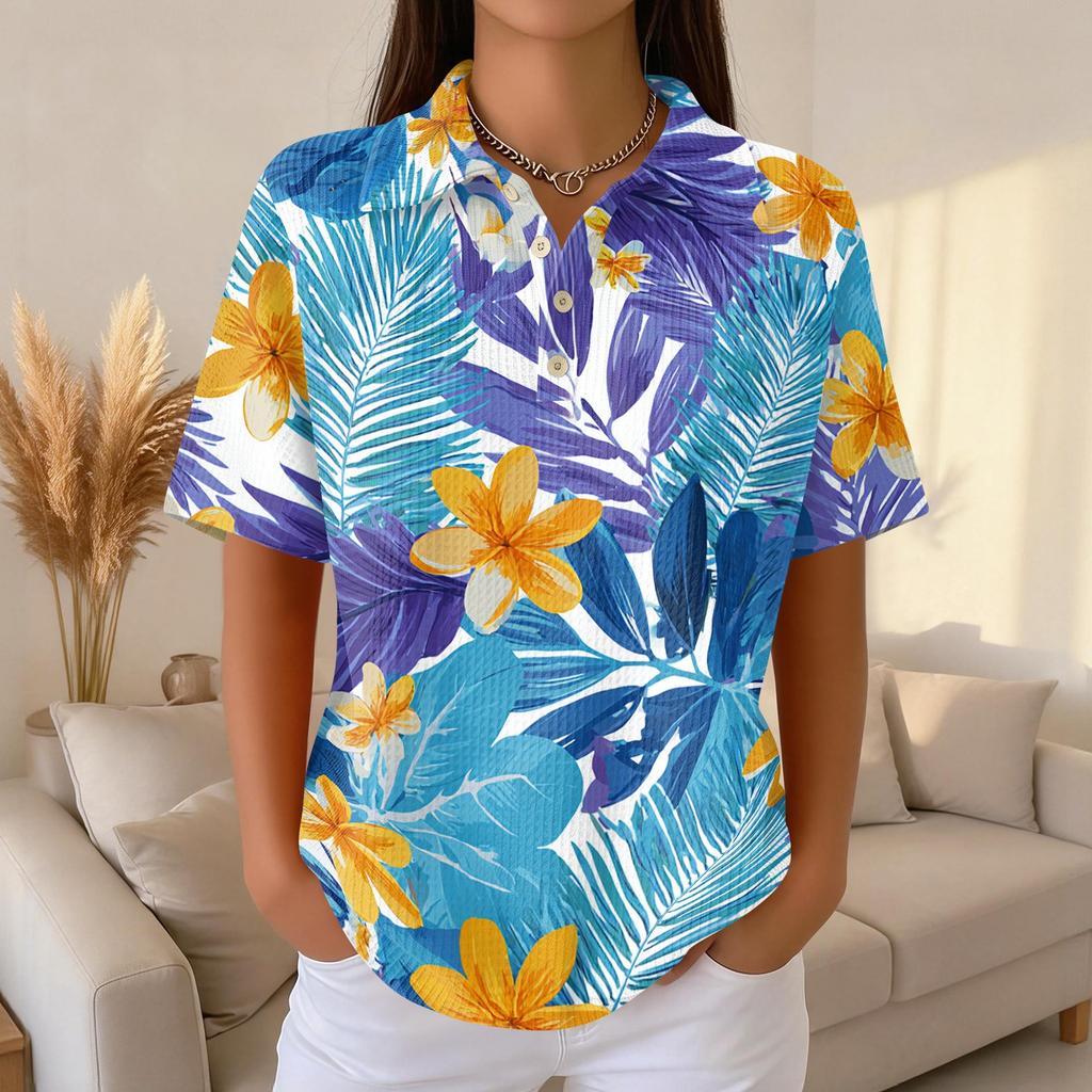 Women Casual Short Sleeve Hawaiian Print Waffle Knit Polo Shirt Lightweight Breathable Summer Top with Button Down Collar
