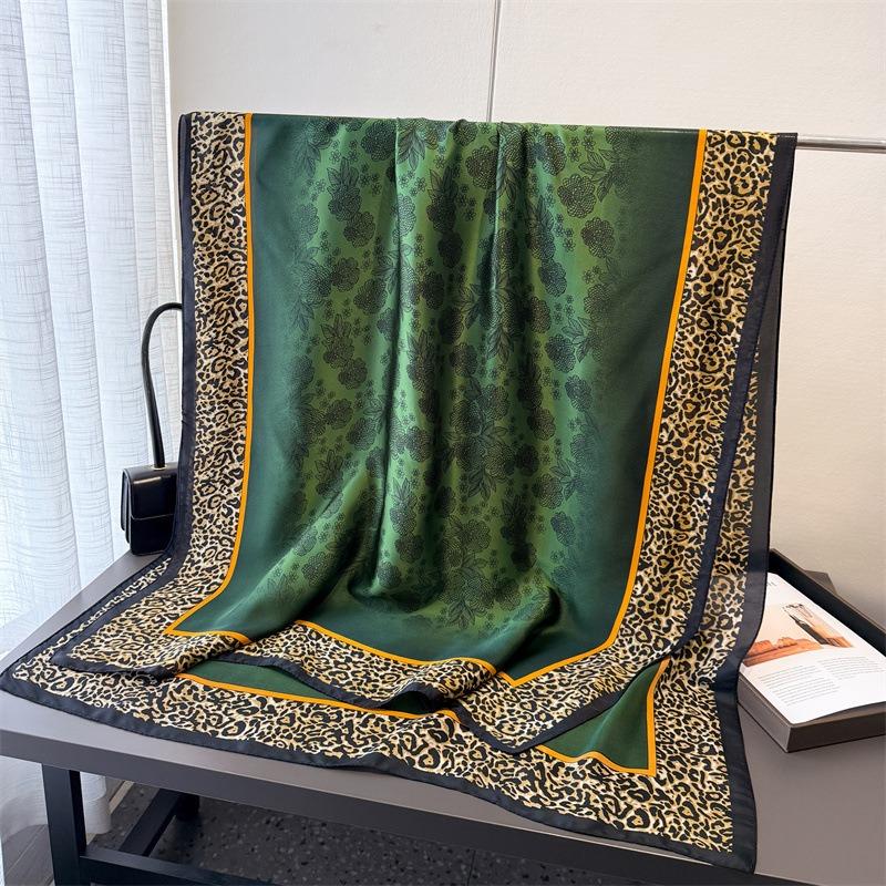 New green shadow leopard print simulation silk brocade fashion sunscreen silk scarf long scarf shawl versatile headscarf scarf
