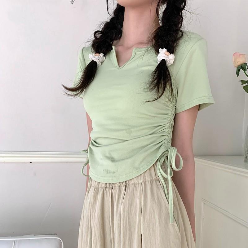 

Лето 2025 г. Женская футболка с V-образным вырезом и завязками - Модный однотонный топ с короткими рукавами 2XL зелёный