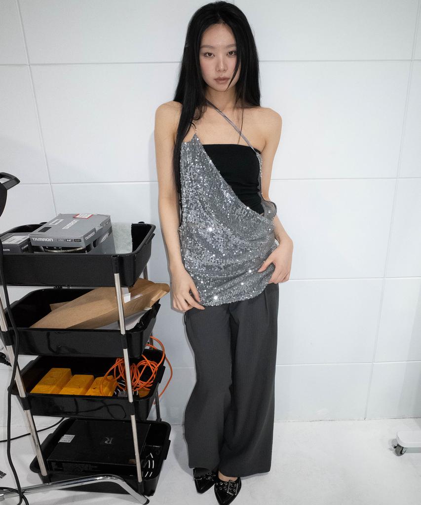 CHICKS Modern Straight Wide Slacks Gray